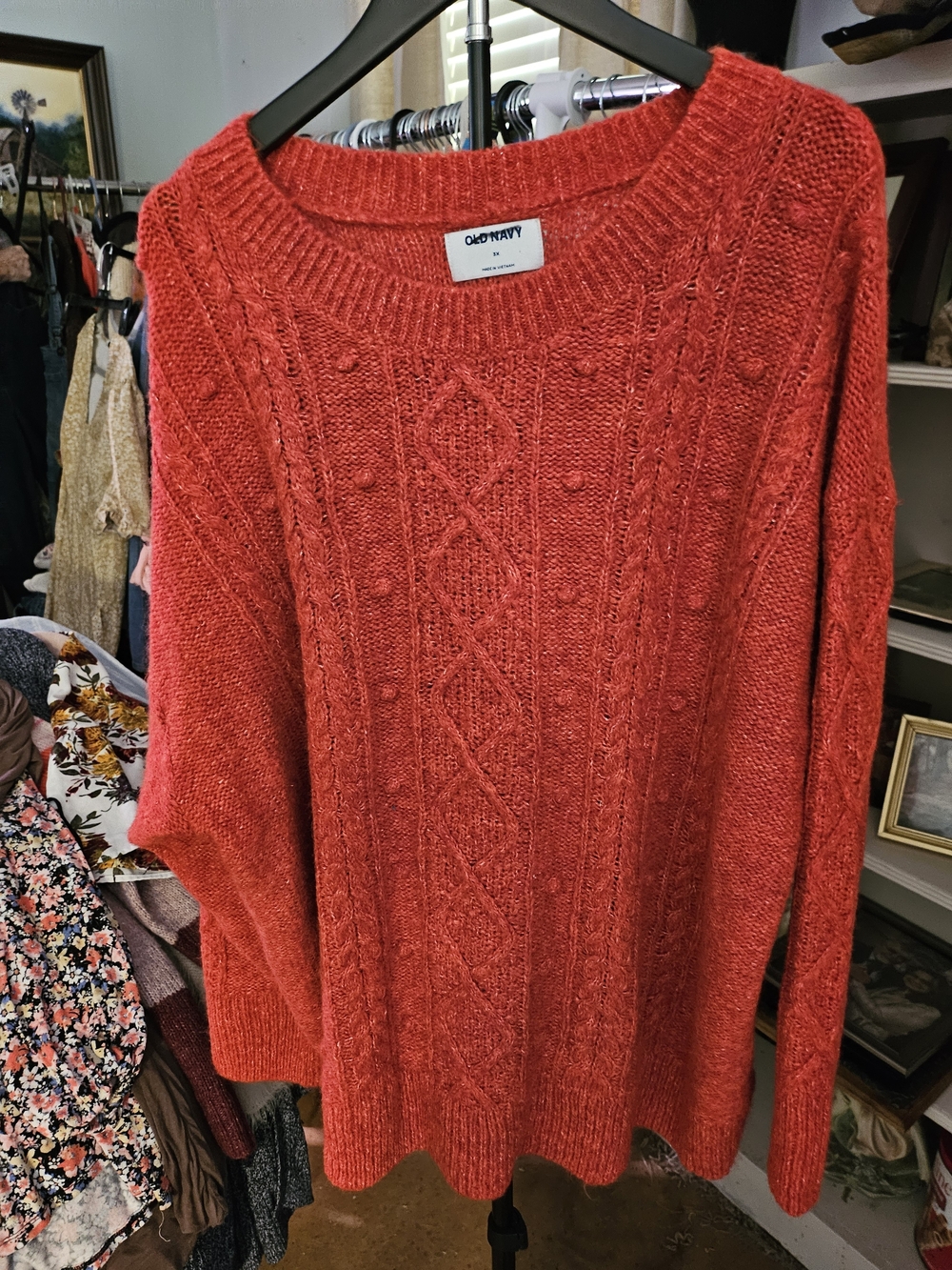 Old Navy Coral-Red Cable Bobble Crewneck Sweater